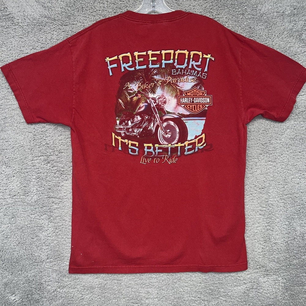 VTG Harley Davidson Freeport Bahamas T Shirt Men's L Red Motorcycle Tee 2-Sided